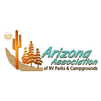 Logo of the Arizona Association of RV Parks & Campgrounds. It features a large cactus and several pine trees on the left, with an orange sun rising behind. The text "Arizona Association of RV Parks & Campgrounds" is written in blue and orange to the right, celebrating their Large Park of the Year award.