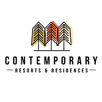 Logo for Contemporary Resorts & Residences. The design features three stylized tree icons, each shaped like chevrons, in shades of yellow, orange, and white. The trees are above the text "CONTEMPORARY" with "Resorts & Residences" in smaller text below. Empower growth and exceptional leaders.