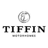 Logo for Tiffin Motorhomes. It features a stylized letter "T" within a circular border above the text "Tiffin" in large capital letters and "Motorhomes" in smaller capital letters beneath it, all set against a dark background, symbolizing luxury and comfort at Southern RV Resorts.