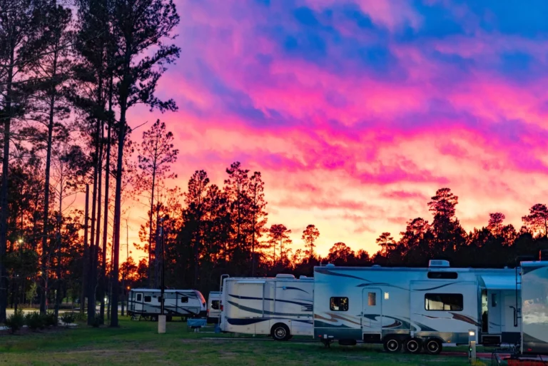 A serene campground scene unfolds in the South, where several RVs are parked among tall trees. Snowbirding enthusiasts enjoy a vibrant sky painted with hues of pink, purple, and orange as the sun sets, creating a dramatic backdrop.
