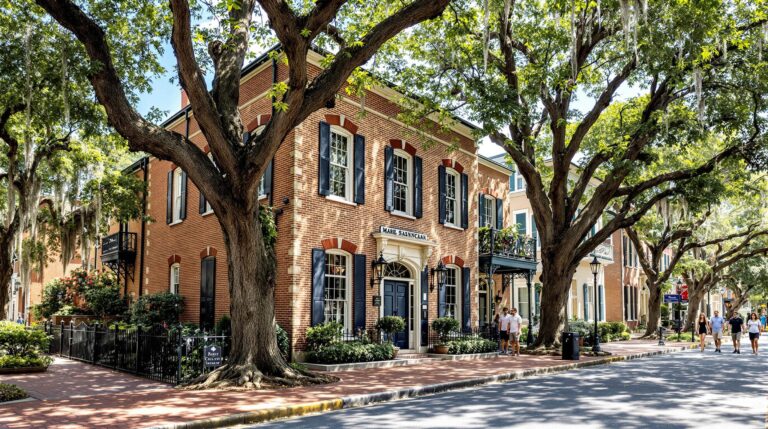 A picturesque tree-lined street with a historical building featuring Southern architectural elements, including brickwork and ornate iron railings, under large oak trees draped in Spanish moss; a few visitors walk along the sidewalk, creating a welcoming and timeless scene.