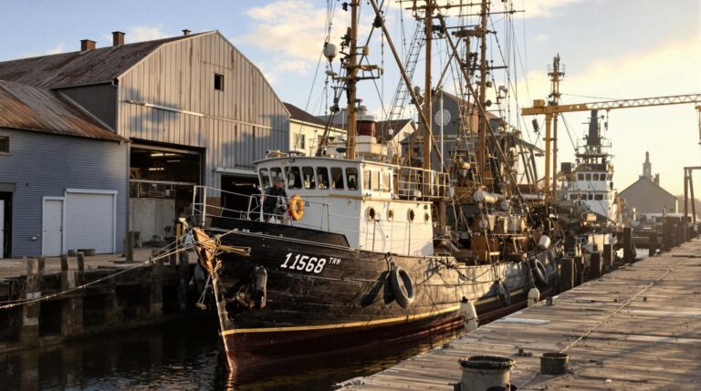 A vintage cargo vessel docked at a generic shipyard, capturing Savannah's maritime heritage with blurred industrial structures in the background and warm late-afternoon sunlight highlighting the weathered hull.