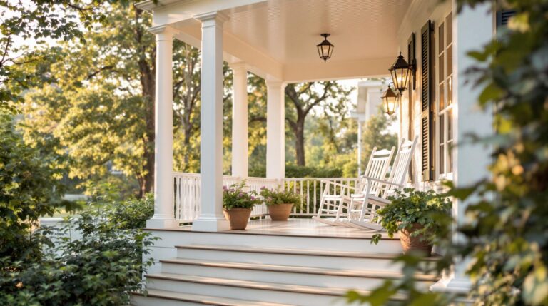 A classic Southern-style porch with white columns and wooden steps features two rocking chairs under a pitched roof, surrounded by potted plants and subtle greenery, conveying warmth and hospitality.