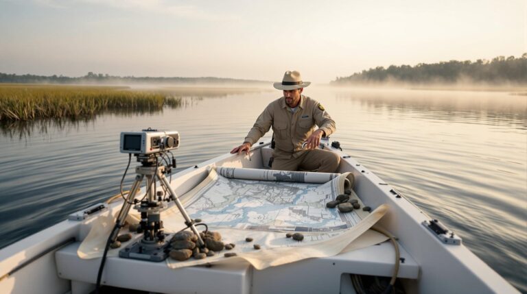 Two researchers in a small skiff study a nautical chart and sonar equipment on the Savannah River at sunrise, surrounded by misty marsh grasses and calm water.