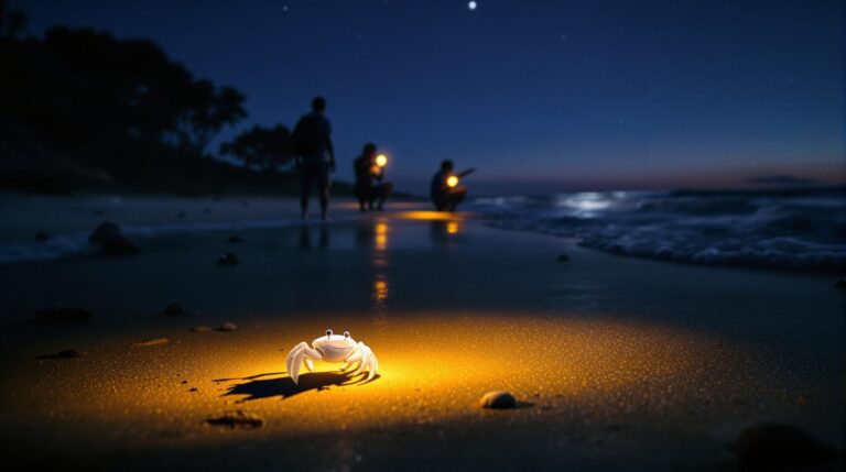A small ghost crab illuminated by a flashlight on a sandy beach at night, with families and children searching along the shoreline under a starry sky.